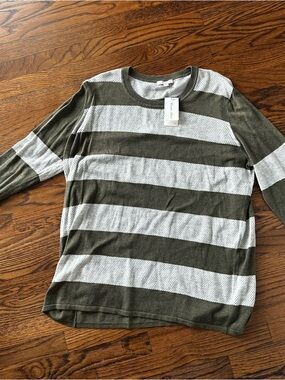 Minnie Rose Olive and grey Striped Long Sleeve Crew lightweight sweater